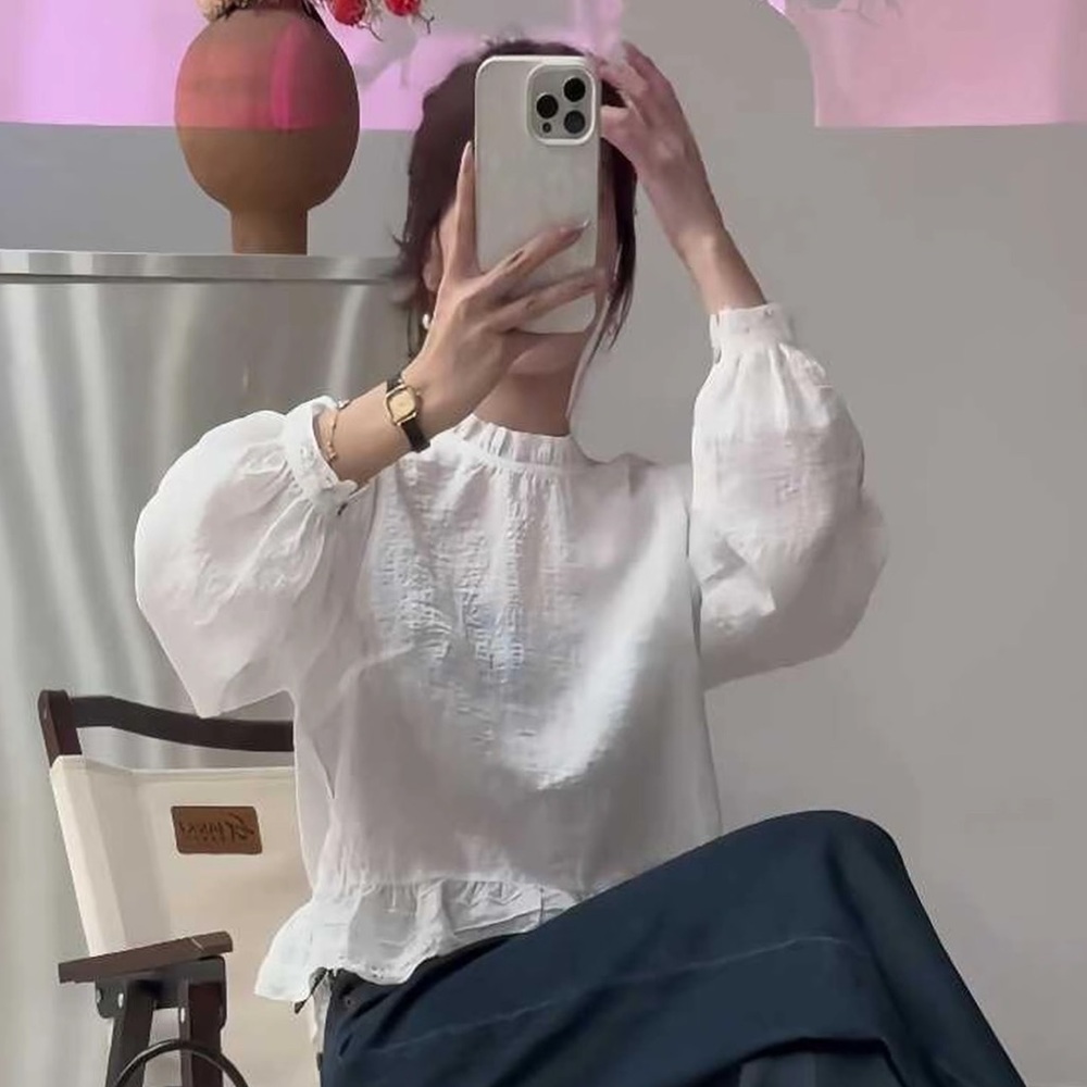 H&M White Ruffled Long Sleeve Blouse with Peter Pan Collar